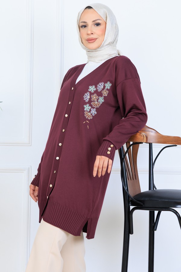 Nakış Detaylı Boncuk İşlemeli Merserize Hırka N3280 Mürdüm