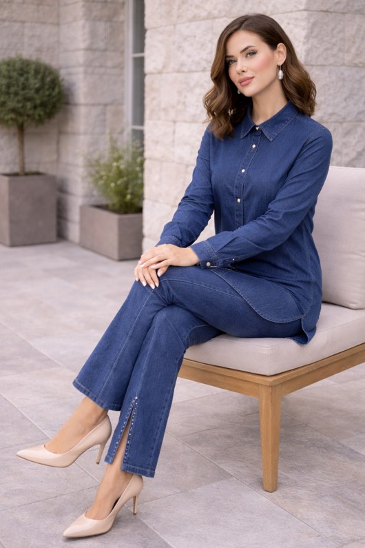 Paçası Yırtmaçlı Taş Detaylı Kot Takım Lacivert 370-1 Paçası Yırtmaçlı Taş Detaylı Kot Takım Lacivert 370-1