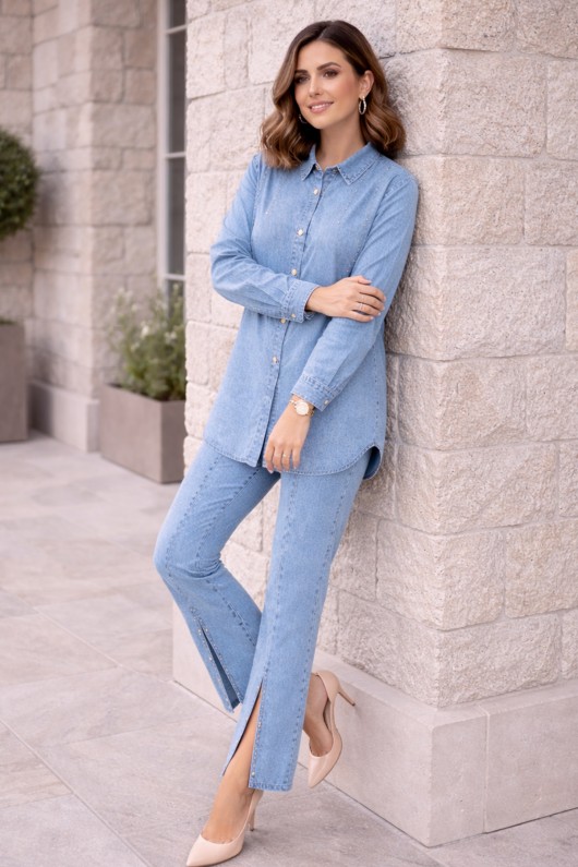 Paçası Yırtmaçlı Taş Detaylı Kot Takım Mavi 370-1 