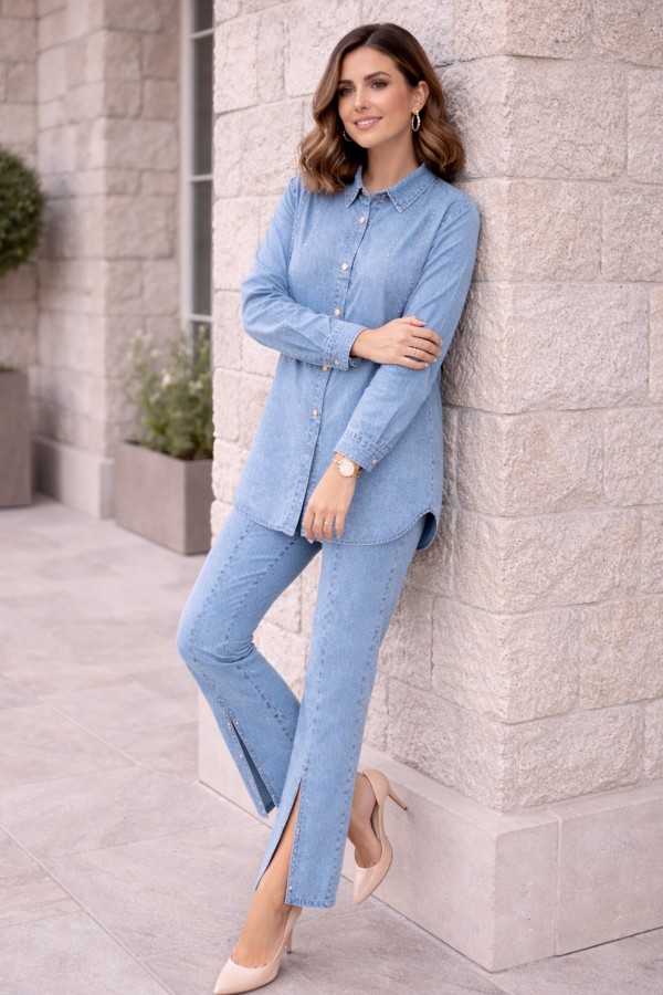 Paçası Yırtmaçlı Taş Detaylı Kot Takım Mavi 370-1 