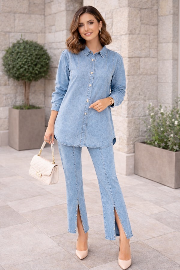 Paçası Yırtmaçlı Taş Detaylı Kot Takım Mavi 370-1 