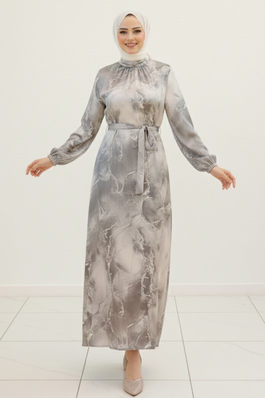 Saten Tesettür Elbise Gri 3991 Saten Tesettür Elbise Gri 3991