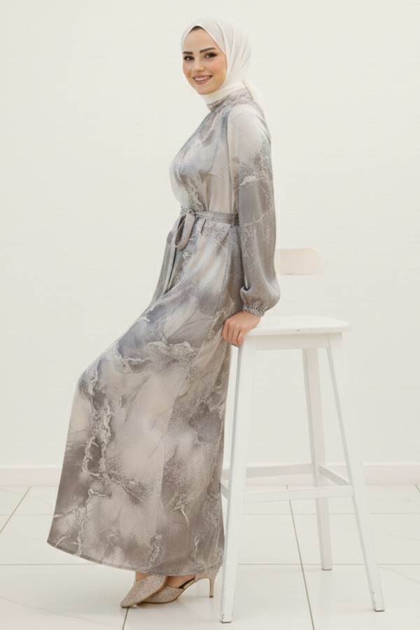 Saten Tesettür Elbise Gri 3991