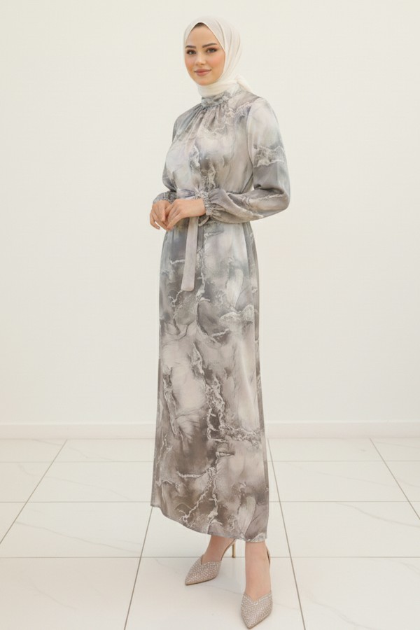  Saten Tesettür Elbise Gri 3991