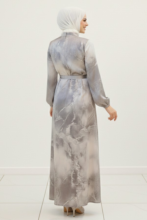  Saten Tesettür Elbise Gri 3991