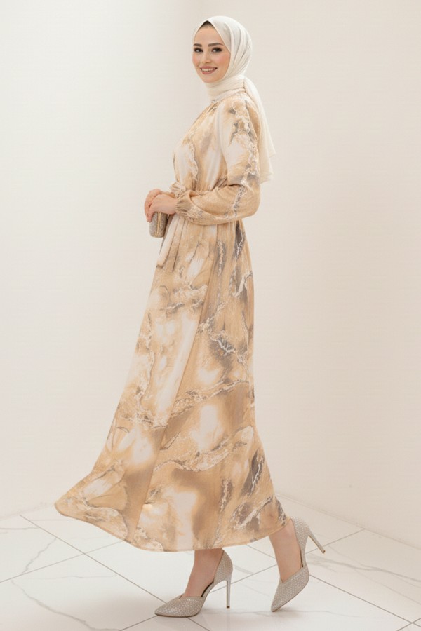  Saten Tesettür Elbise Hardal 3991
