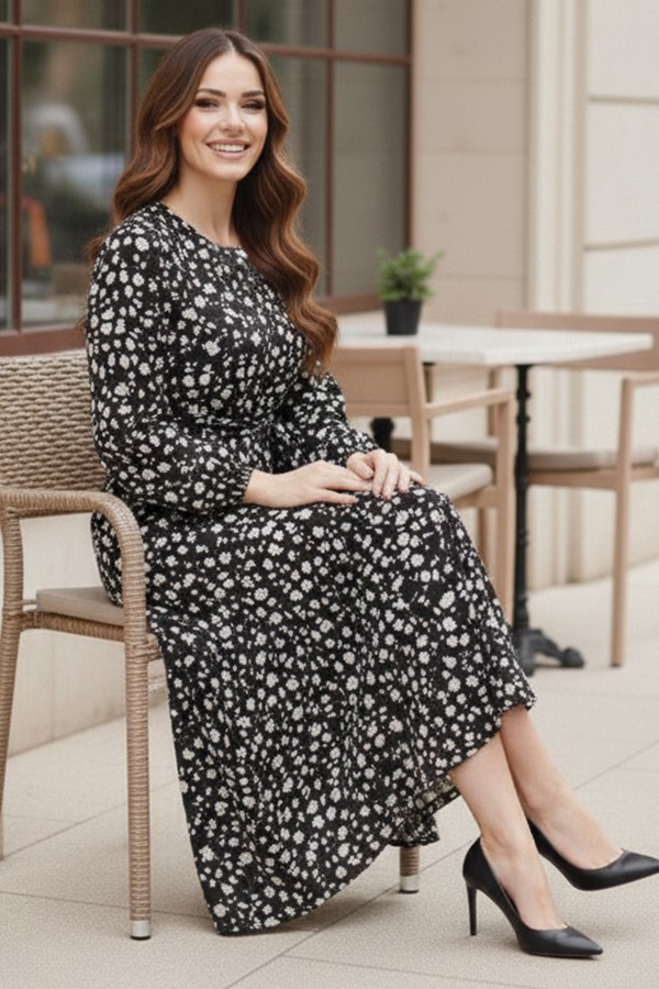  Papatya Desen Elbise Siyah 400