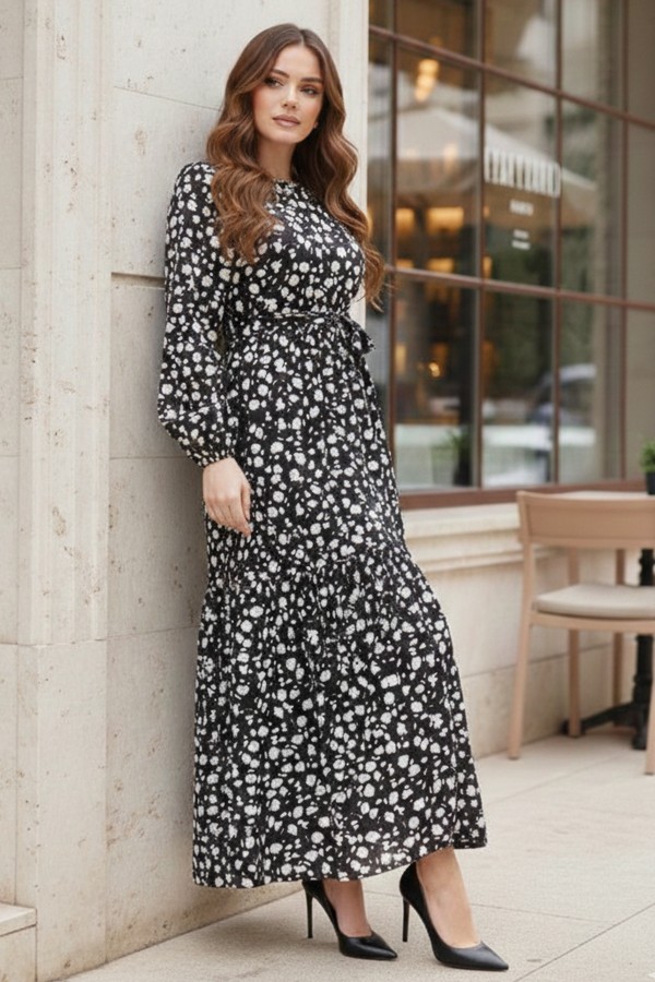  Papatya Desen Elbise Siyah 400