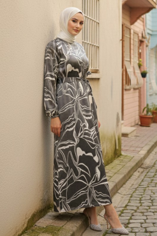 Kuşaklı Desenli Elbise Siyah 4037 Kuşaklı Desenli Elbise Siyah 4037