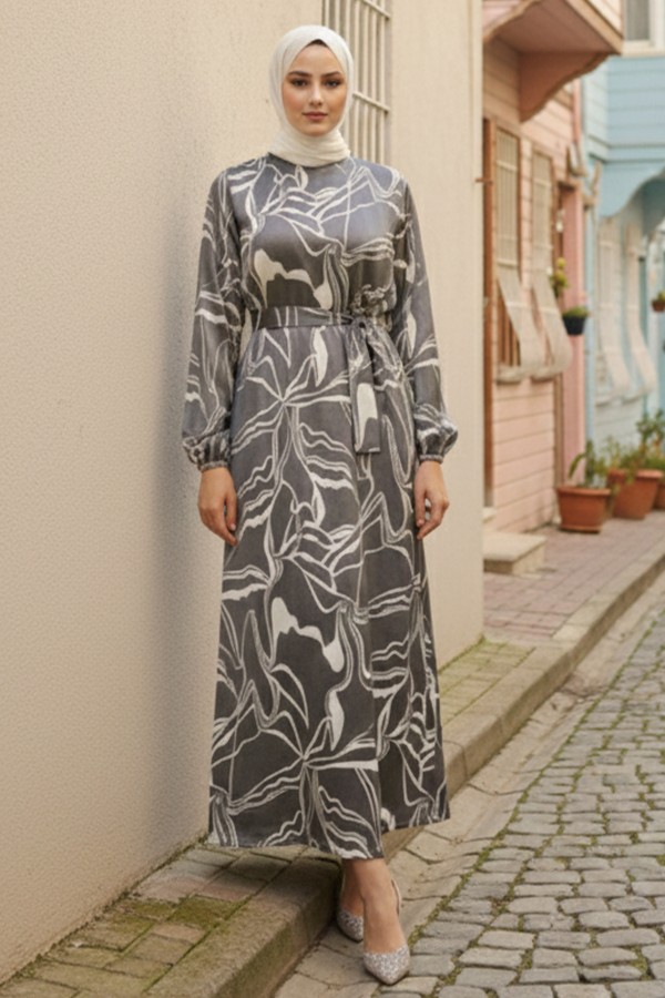 Kuşaklı Desenli Elbise Siyah 4037 Kuşaklı Desenli Elbise Siyah 4037