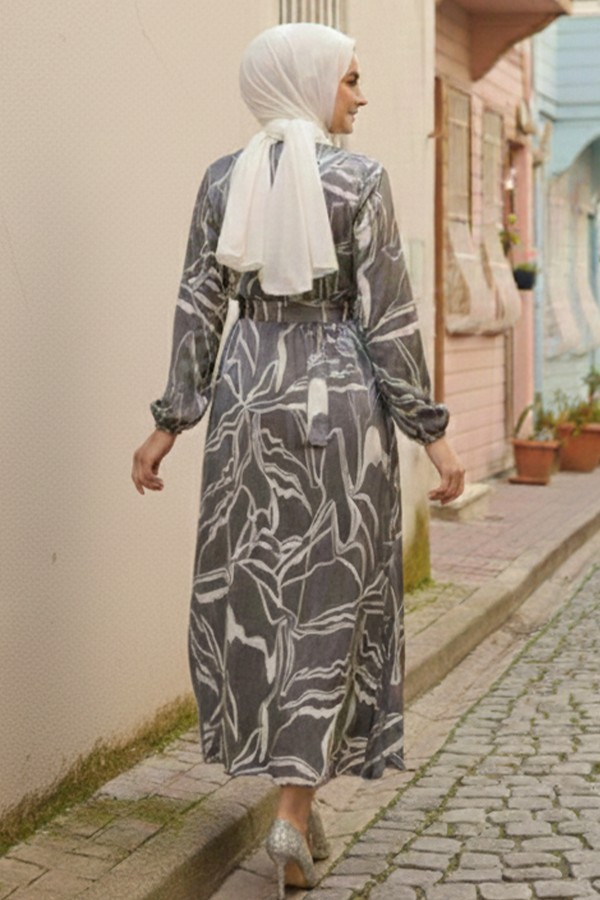 Kuşaklı Desenli Elbise Siyah 4037 Kuşaklı Desenli Elbise Siyah 4037