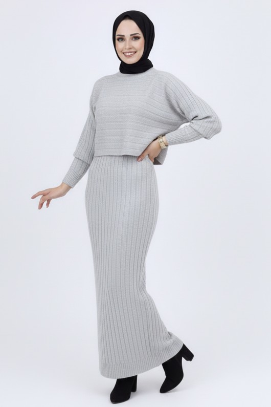 Fitilli Jile Triko Takım Gri 4045 Fitilli Jile Triko Takım Gri 4045