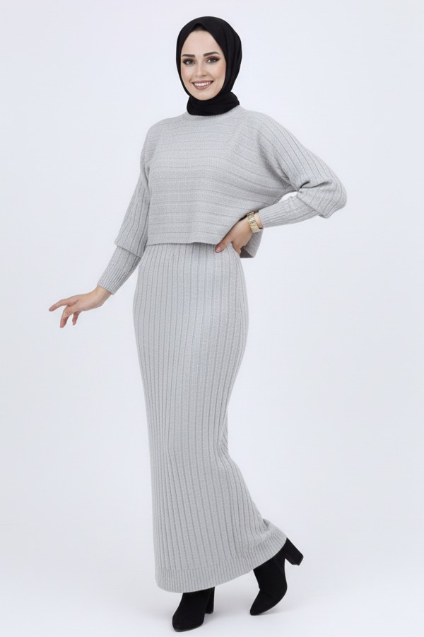 Fitilli Jile Triko Takım Gri 4045 Fitilli Jile Triko Takım Gri 4045