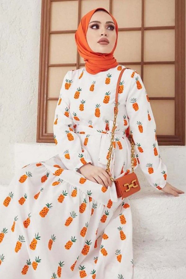 Ananas Desenli Tesettür Elbise Oranj 417 Ananas Desenli Tesettür Elbise Oranj 417