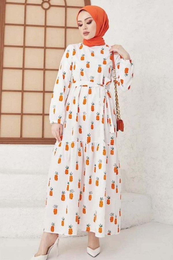 Ananas Desenli Tesettür Elbise Oranj 417 Ananas Desenli Tesettür Elbise Oranj 417