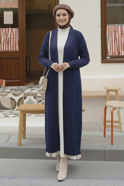 Örgü Desenli Uzun Triko Hırka R4251 İndigo Örgü Desenli Uzun Triko Hırka R4251 İndigo