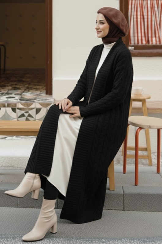 Örgü Desenli Uzun Triko Hırka R4251 Siyah Örgü Desenli Uzun Triko Hırka R4251 Siyah