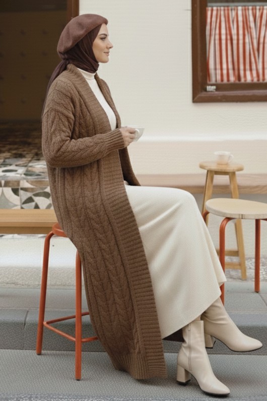 Örgü Desenli Uzun Triko Hırka R4251 Vizon Örgü Desenli Uzun Triko Hırka R4251 Vizon