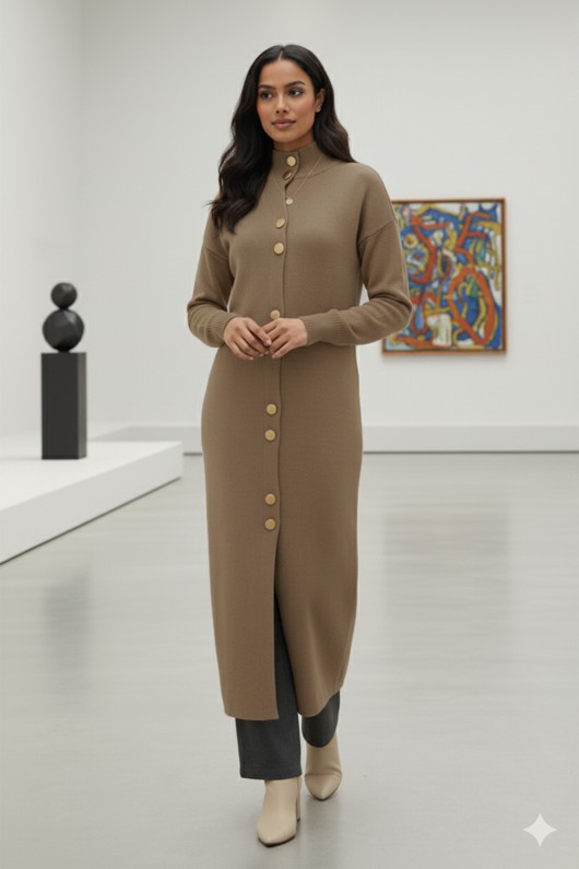 Düğmeli Uzun Triko Hırka R4413 Bej Düğmeli Uzun Triko Hırka R4413 Bej