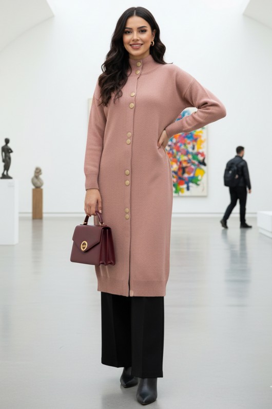 Düğmeli Uzun Triko Hırka R4413 Gül Kurusu Düğmeli Uzun Triko Hırka R4413 Gül Kurusu