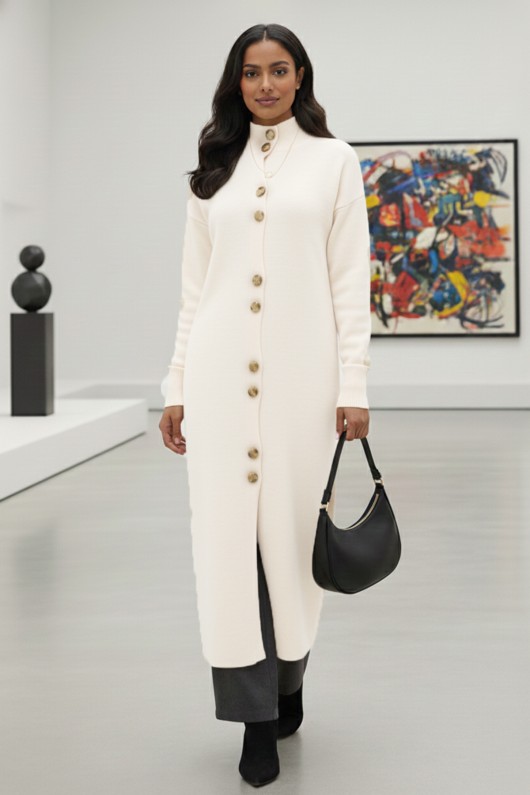 Düğmeli Uzun Triko Hırka R4413 Ekru