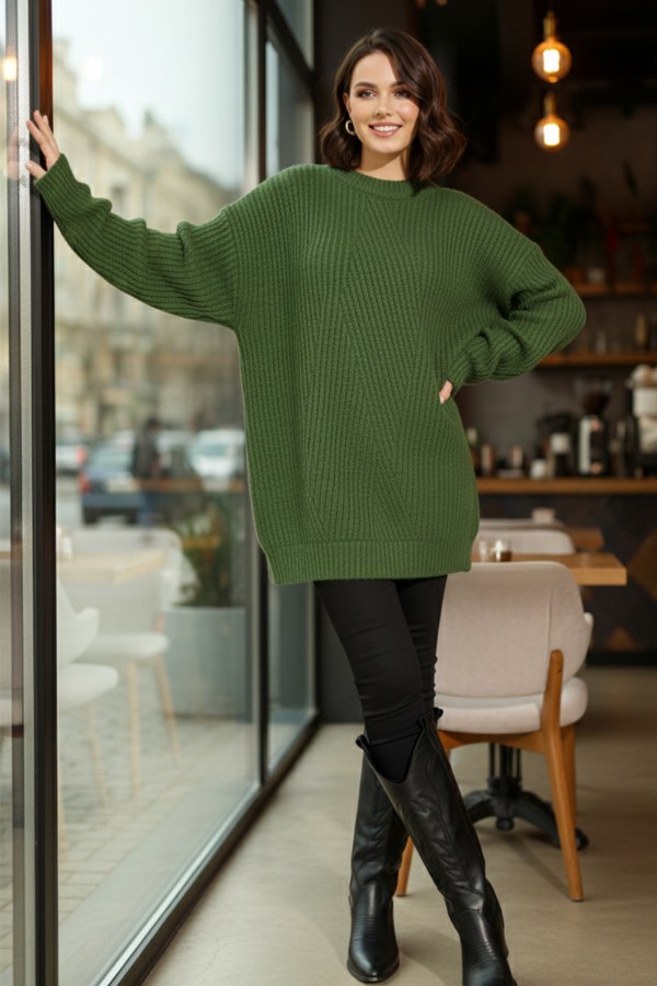 Kendinden Desenli Triko Tunik R4444 Yeşil