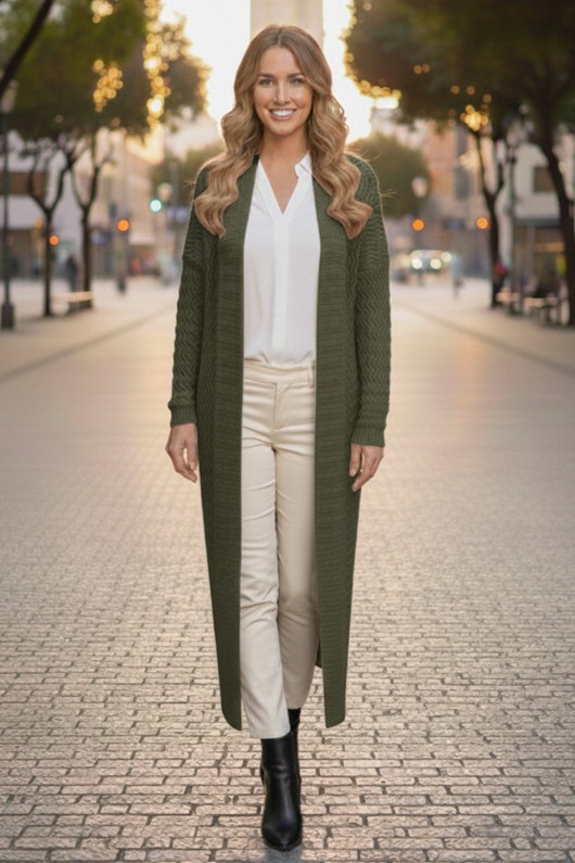 Zikzak Desenli Uzun Triko Hırka R4470 Haki Zikzak Desenli Uzun Triko Hırka R4470 Haki