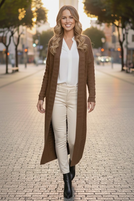 Zikzak Desenli Uzun Triko Hırka R4470 Vizon Zikzak Desenli Uzun Triko Hırka R4470 Vizon