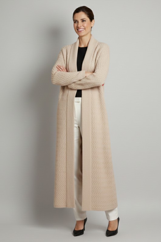 Zikzak Desenli Uzun Triko Hırka R4470 Taş Rengi