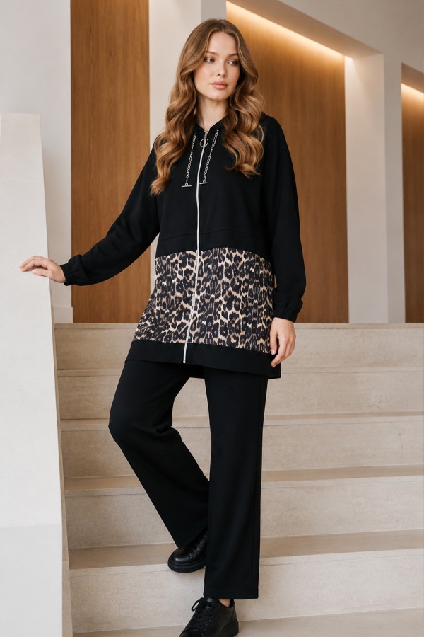 Zincirli Leopar Desenli Takım Siyah 4748 Zincirli Leopar Desenli Takım Siyah 4748