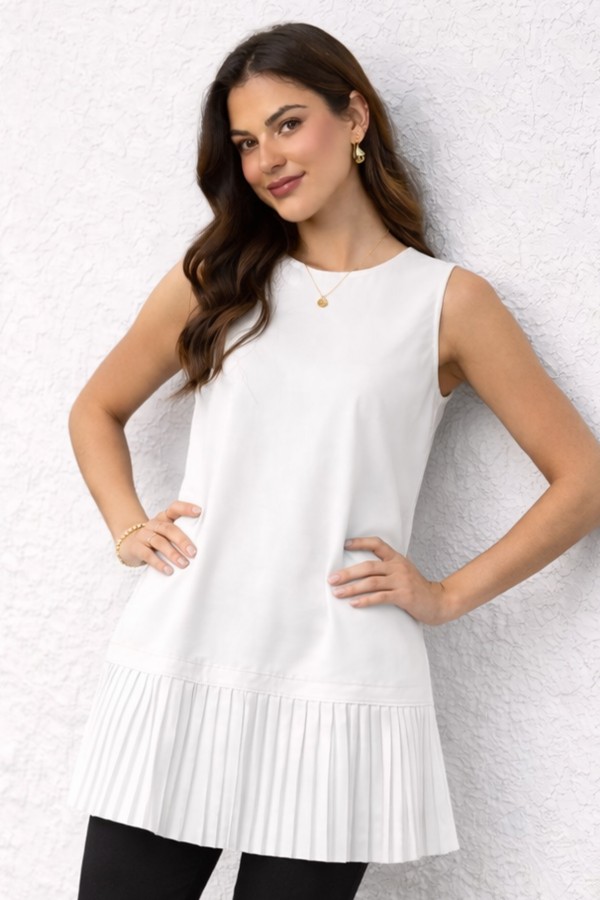 Piliseli Kolsuz Penye İçlik Tunik Ekru 4776
