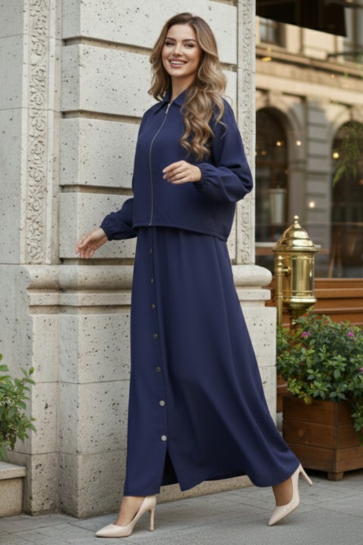 Fermuar Ceketli Elbise Takım İndigo 4807
