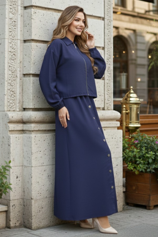 Fermuar Ceketli Elbise Takım İndigo 4807