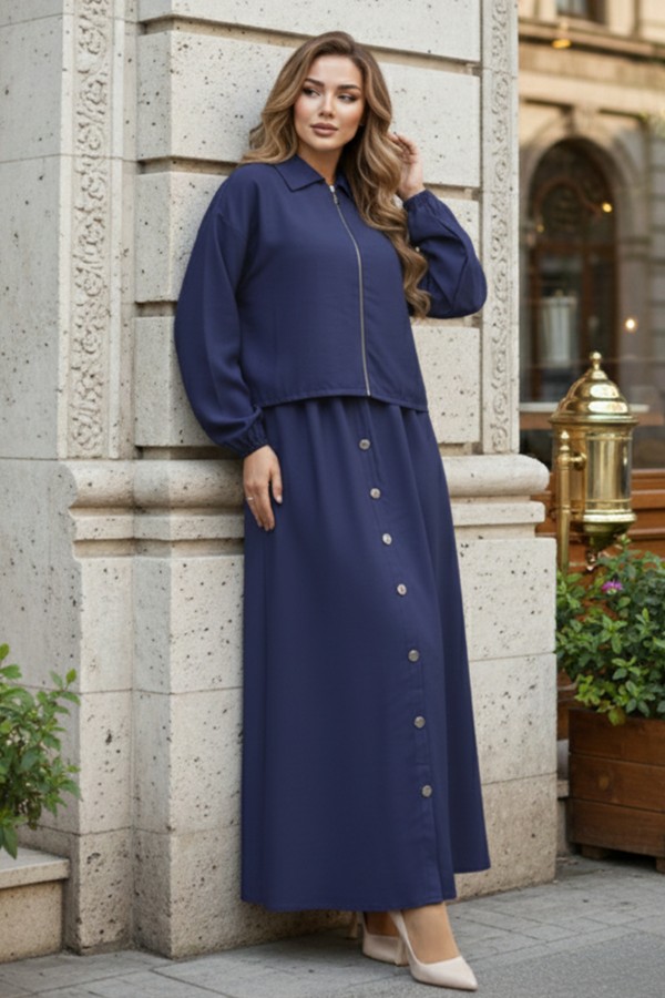 Fermuar Ceketli Elbise Takım İndigo 4807