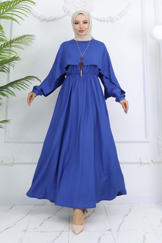 Yaka Detaylı Kolyeli Elbise Saks Mavisi 4809