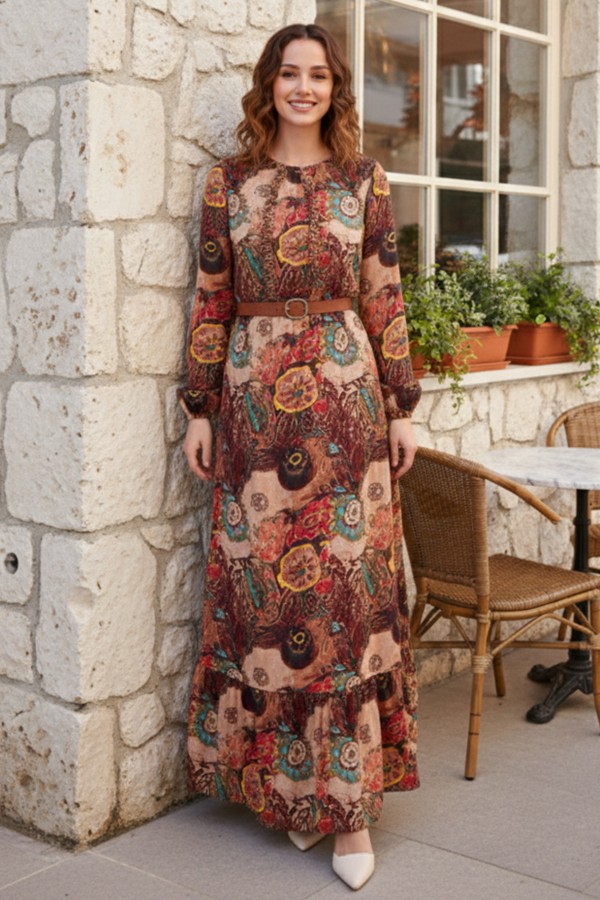Desenli Kemerli Elbise Bordo 4830