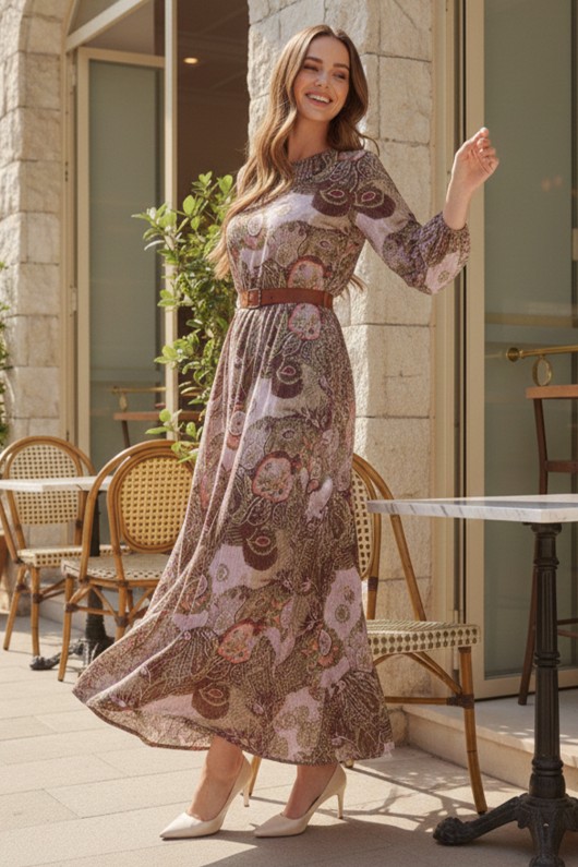 Desenli Kemerli Elbise Haki 4830