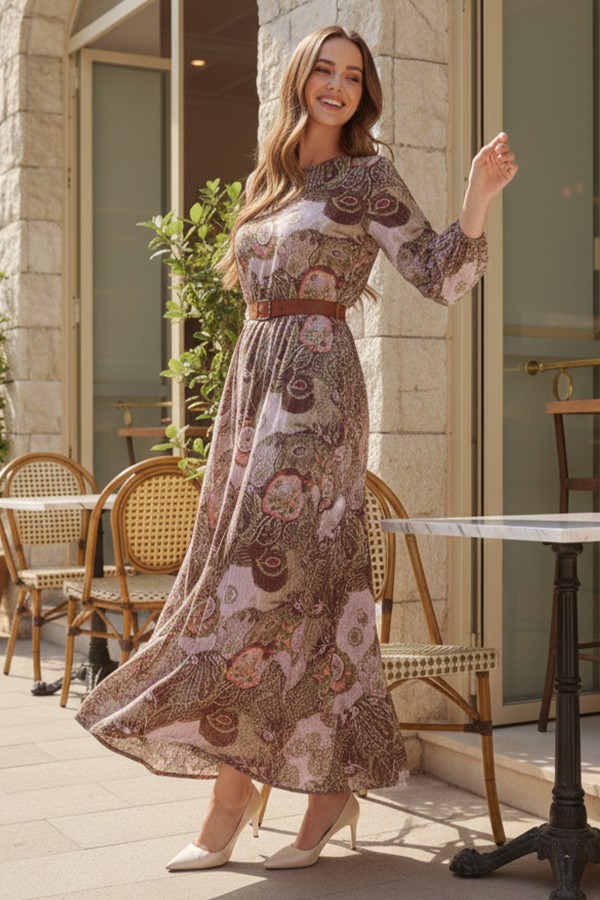 Desenli Kemerli Elbise Haki 4830