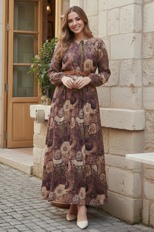 Desenli Kemerli Elbise Kahverengi 4830