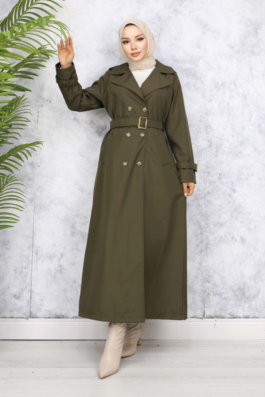 Kuşaklı Tesettür Trençkot Haki 4951  Kuşaklı Tesettür Trençkot Haki 4951