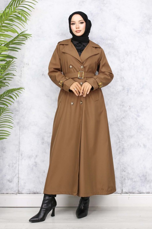 Kuşaklı Tesettür Trençkot Taba 4951  Kuşaklı Tesettür Trençkot Taba 4951