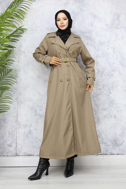 Kuşaklı Tesettür Trençkot Vizon 4951  Kuşaklı Tesettür Trençkot Vizon 4951