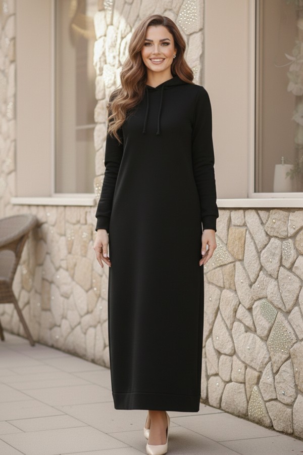 Kapüşonlu Basic Elbise Siyah 5042