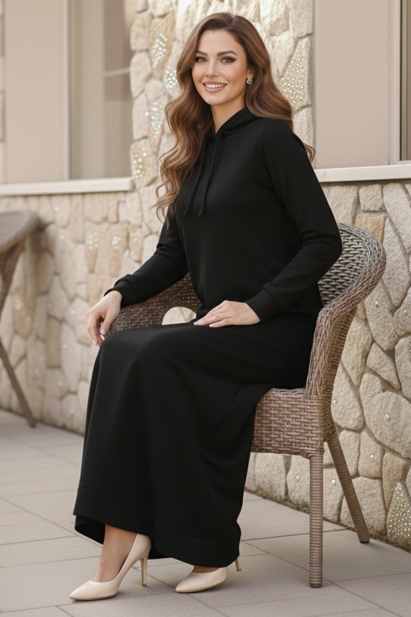 Kapüşonlu Basic Elbise Siyah 5042
