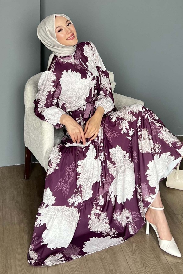 Desenli Tesettür Elbise Mor 509 Desenli Tesettür Elbise Mor 509
