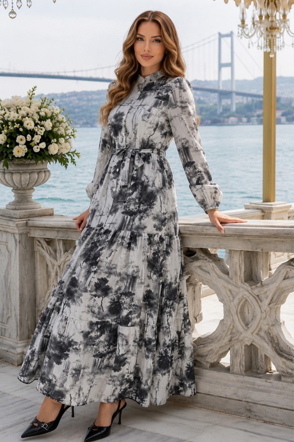 Desenli Tesettür Elbise Gri 510 Desenli Tesettür Elbise Gri 510