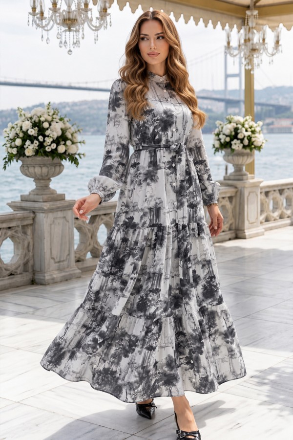 Desenli Tesettür Elbise Gri 510 Desenli Tesettür Elbise Gri 510