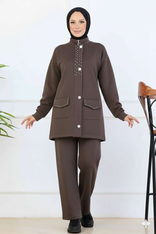 Boncuk Detaylı Scuba İkili Takım N5334 Kahverengi