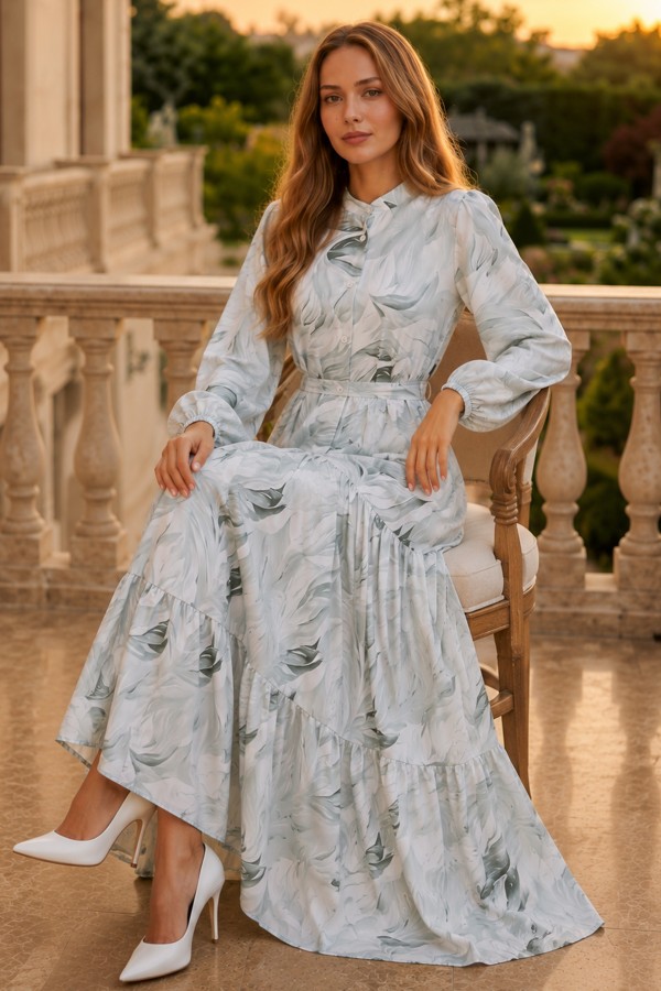 Desenli Tesettür Elbise Çağla 534