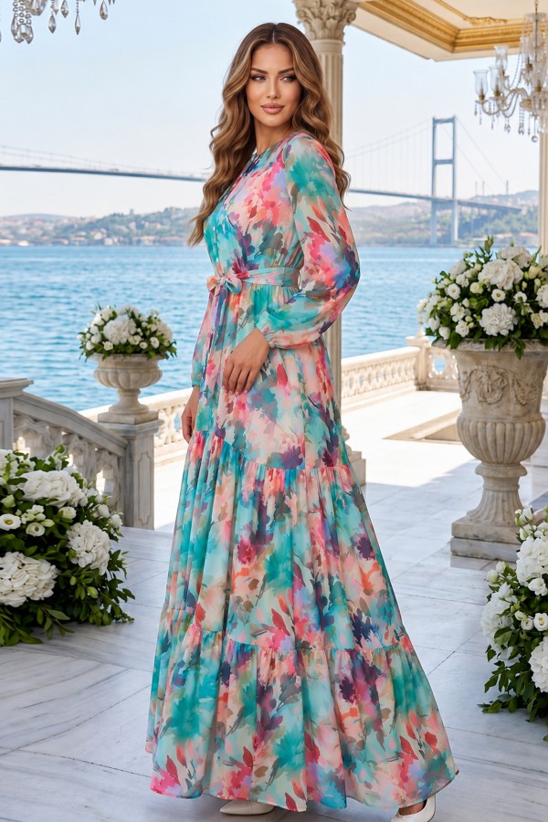 Desenli Tesettür Elbise Fuşya 551